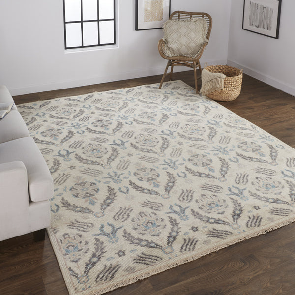 Homeroots 12' X 15' Ivory Gray And Blue Wool Floral Hand Knotted Stain Resistant Area Rug  Wool 513100