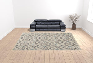 Homeroots 12' X 15' Ivory Gray And Blue Wool Floral Hand Knotted Stain Resistant Area Rug  Wool 513100