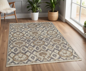 Homeroots 4' X 6' Gray And Ivory Wool Floral Hand Knotted Area Rug Ivory,Gray,Taupe Wool 513102