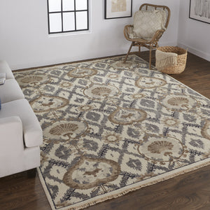 Homeroots 5' X 8' Ivory Gray And Taupe Wool Floral Hand Knotted Stain Resistant Area Rug Ivory,Gray,Taupe Wool 513103