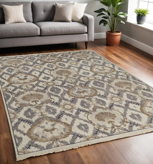 HomeRoots 4' Elegant Gray and Ivory Floral Hand-Knotted Wool Area Rug for Timeless Home Comfort and Style 5' X 8' 513103