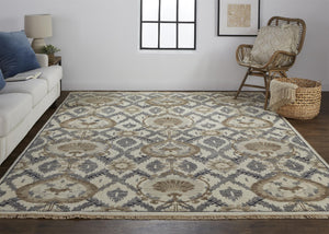 Homeroots 9' X 12' Ivory Gray And Taupe Wool Floral Hand Knotted Stain Resistant Area Rug Ivory,Gray,Taupe Wool 513105