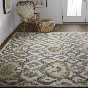 Homeroots 9' X 12' Ivory Gray And Taupe Wool Floral Hand Knotted Stain Resistant Area Rug Ivory,Gray,Taupe Wool 513105