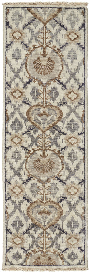 Homeroots 8' Gray And Ivory Wool Floral Hand Knotted Runner Rug With Fringe Ivory,Gray,Taupe Wool 513107