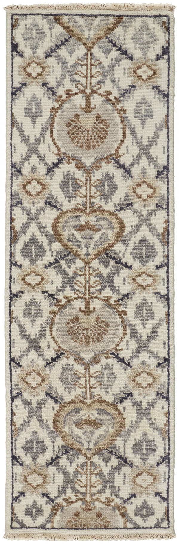 Homeroots 8' Gray And Ivory Wool Floral Hand Knotted Runner Rug With Fringe Ivory,Gray,Taupe Wool 513107