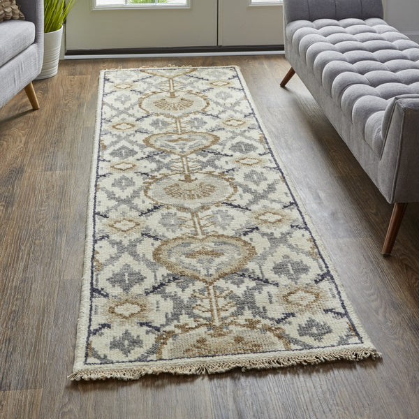 Homeroots 8' Gray And Ivory Wool Floral Hand Knotted Runner Rug With Fringe Ivory,Gray,Taupe Wool 513107