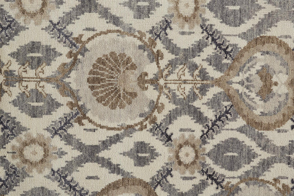 Homeroots 8' Gray And Ivory Wool Floral Hand Knotted Runner Rug With Fringe Ivory,Gray,Taupe Wool 513107
