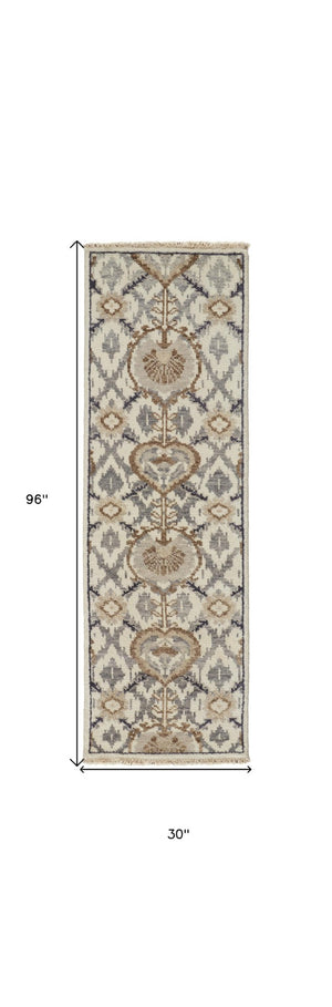 HomeRoots 4' Elegant Gray and Ivory Floral Hand-Knotted Wool Area Rug for Timeless Home Comfort and Style 8' Runner 513107