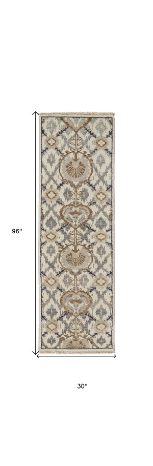 Homeroots 8' Gray And Ivory Wool Floral Hand Knotted Runner Rug With Fringe Ivory,Gray,Taupe Wool 513107