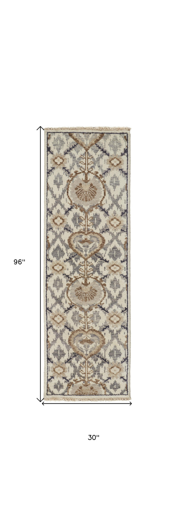 Homeroots 8' Gray And Ivory Wool Floral Hand Knotted Runner Rug With Fringe Ivory,Gray,Taupe Wool 513107
