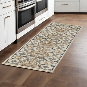 Homeroots 8' Gray And Ivory Wool Floral Hand Knotted Runner Rug With Fringe Ivory,Gray,Taupe Wool 513107
