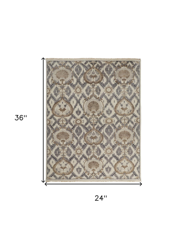 Homeroots 2' X 3' Gray And Ivory Wool Floral Hand Knotted Area Rug Ivory,Gray,Taupe Wool 513109