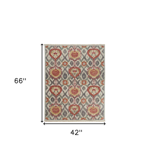 Homeroots 4' X 6' Orange And Ivory Wool Floral Hand Knotted Area Rug Orange,Gray Wool 513110