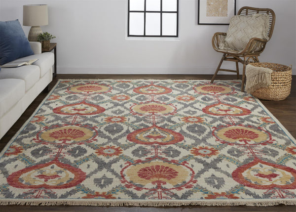 Homeroots 8' X 10' Orange And Gray Wool Floral Hand Knotted Stain Resistant Area Rug Orange,Gray Wool 513112