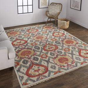 Homeroots 9' X 12' Orange And Gray Wool Floral Hand Knotted Stain Resistant Area Rug Orange,Gray Wool 513113