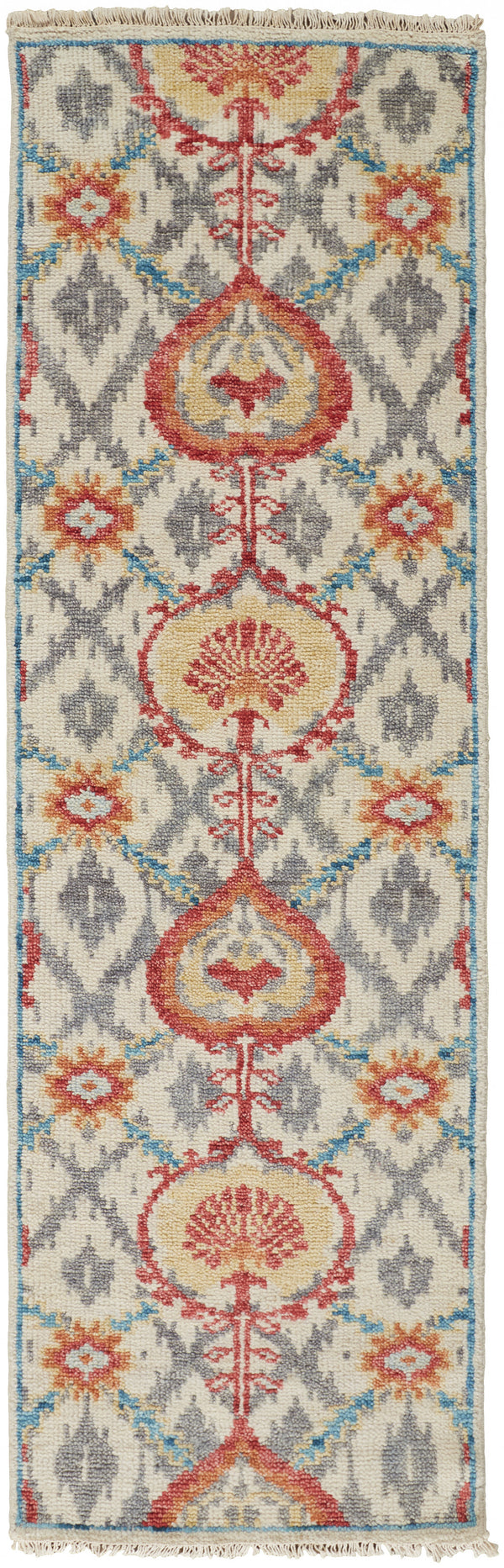 Homeroots 8' Orange And Ivory Wool Floral Hand Knotted Runner Rug With Fringe Orange,Gray Wool 513115