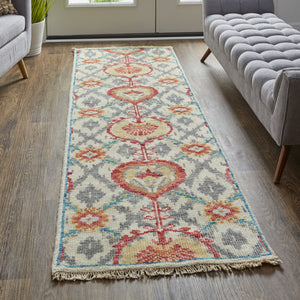 Homeroots 8' Orange And Ivory Wool Floral Hand Knotted Runner Rug With Fringe Orange,Gray Wool 513115
