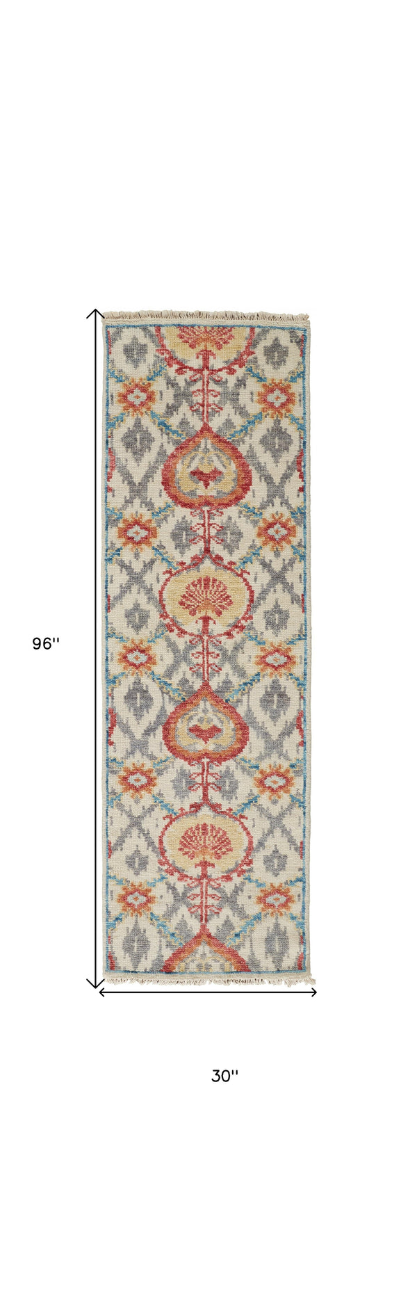 Homeroots 8' Orange And Ivory Wool Floral Hand Knotted Runner Rug With Fringe Orange,Gray Wool 513115