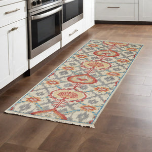 Homeroots 8' Orange And Ivory Wool Floral Hand Knotted Runner Rug With Fringe Orange,Gray Wool 513115