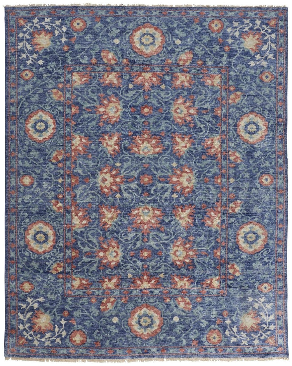 HomeRoots 4' Elegant Wool Floral Hand-Knotted Area Rug in Blue and Beige for Timeless Home Comfort and Style 4' X 6' 513118
