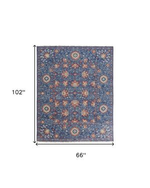 Homeroots 5' X 8' Blue And Red Wool Floral Hand Knotted Stain Resistant Area Rug  Wool 513119