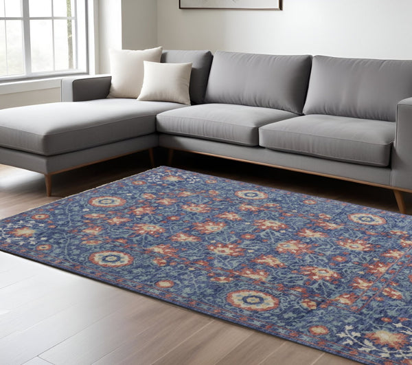 HomeRoots 4' Elegant Wool Floral Hand-Knotted Area Rug in Blue and Beige for Timeless Home Comfort and Style 8' X 10' 513120
