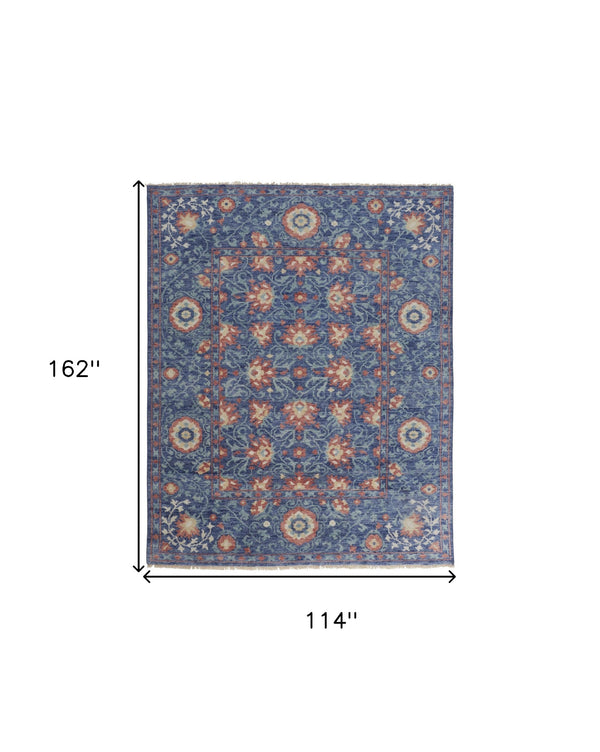 Homeroots 10' X 13' Blue And Red Wool Floral Hand Knotted Stain Resistant Area Rug  Wool 513122