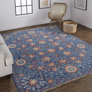 Homeroots 10' X 13' Blue And Red Wool Floral Hand Knotted Stain Resistant Area Rug  Wool 513122