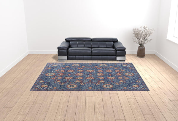 Homeroots 10' X 13' Blue And Red Wool Floral Hand Knotted Stain Resistant Area Rug  Wool 513122
