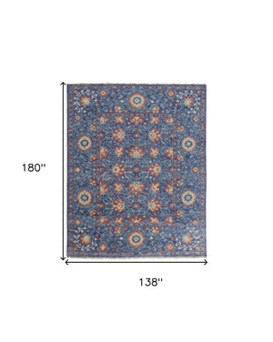 Homeroots 12' X 15' Blue And Red Wool Floral Hand Knotted Stain Resistant Area Rug  Wool 513124