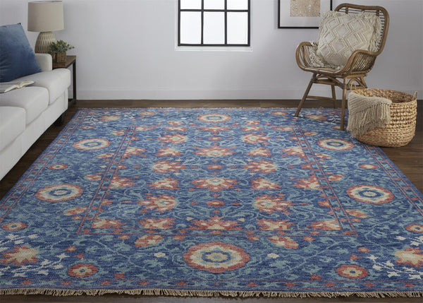Homeroots 12' X 15' Blue And Red Wool Floral Hand Knotted Stain Resistant Area Rug  Wool 513124