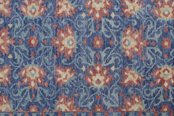 Homeroots 12' X 15' Blue And Red Wool Floral Hand Knotted Stain Resistant Area Rug  Wool 513124