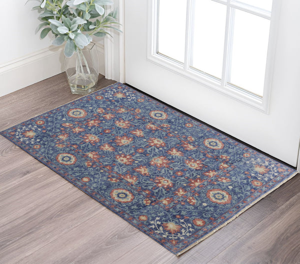 Homeroots 2' X 3' Blue And Beige Wool Floral Hand Knotted Area Rug  Wool 513125