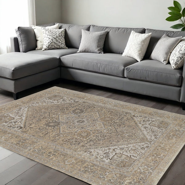 HomeRoots 4' Brown and Ivory Medallion Distressed Area Rug - Vintage Charm with Non-Slip Backing for Everyday Use 8' X 10' 513128