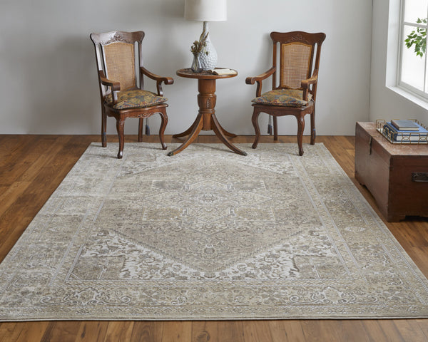 Homeroots 9' X 12' Brown Ivory And Tan Floral Power Loom Distressed Area Rug Brown,Ivory,Tan Viscose 513129