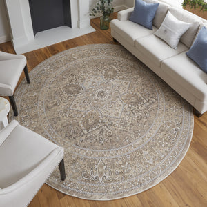 Homeroots 8' Brown And Ivory Round Medallion Power Loom Distressed Area Rug Brown,Ivory,Tan Viscose,Polyester 513133