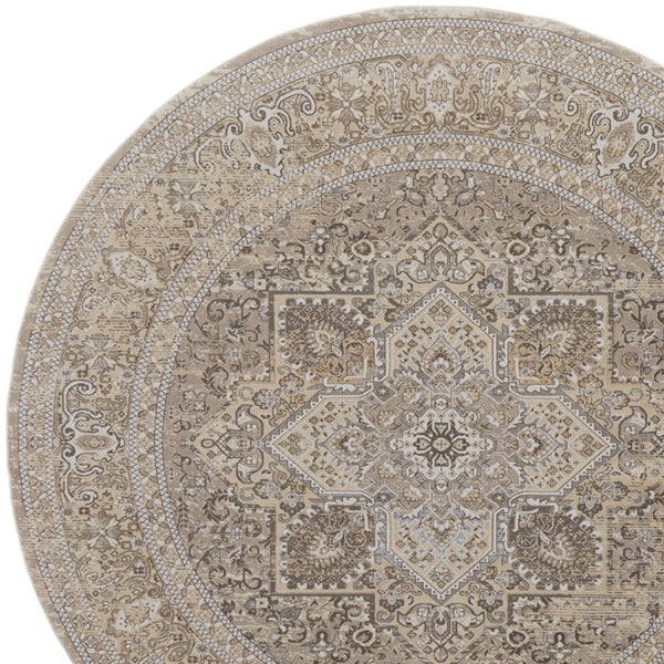 Homeroots 8' Brown And Ivory Round Medallion Power Loom Distressed Area Rug Brown,Ivory,Tan Viscose,Polyester 513133