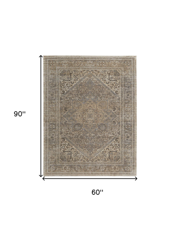 Homeroots 5' X 8' Tan Brown And Ivory Floral Power Loom Distressed Area Rug Tan,Brown,Ivory Viscose 513136