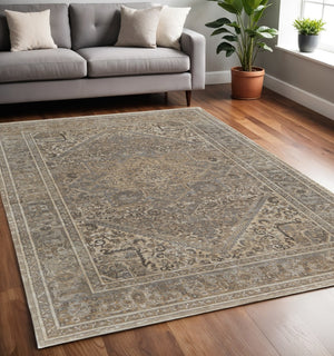 HomeRoots 4' Brown and Ivory Medallion Distressed Area Rug - Vintage Charm with Non-Slip Backing for Everyday Use 5' X 8' 513136