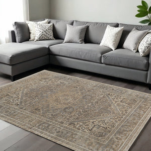 HomeRoots 4' Brown and Ivory Medallion Distressed Area Rug - Vintage Charm with Non-Slip Backing for Everyday Use 8' X 10' 513137