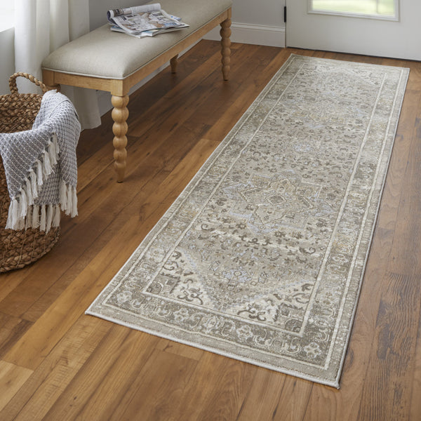 Homeroots 8' Brown And Ivory Medallion Power Loom Distressed Runner Rug Tan,Brown,Ivory Viscose,Polyester 513140