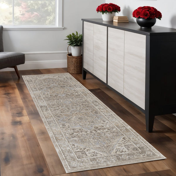 HomeRoots 4' Brown and Ivory Medallion Distressed Area Rug - Vintage Charm with Non-Slip Backing for Everyday Use 8' Runner 513140