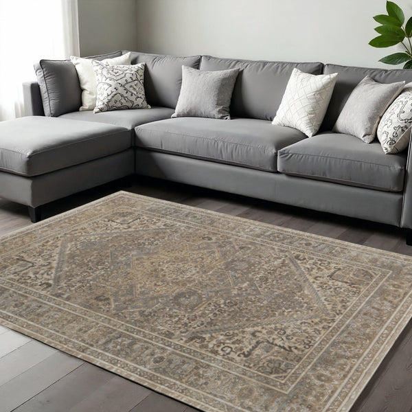 HomeRoots 4' Brown and Ivory Medallion Distressed Area Rug - Vintage Charm with Non-Slip Backing for Everyday Use 12' X 15' 513141