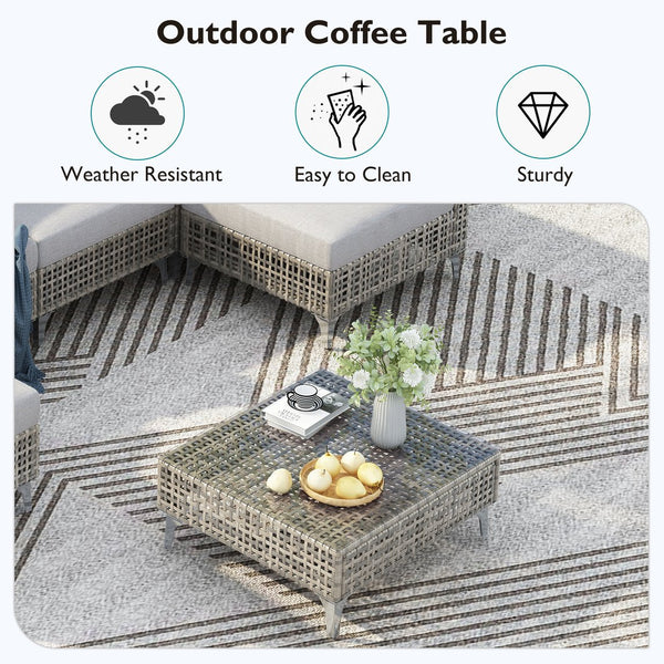 English Elm K&K 8-Piece Patio Conversation Set with 43" 60,000 BTU Propane Fire Pit, UV Wicker & Thick Cushions Grey N707S000012G