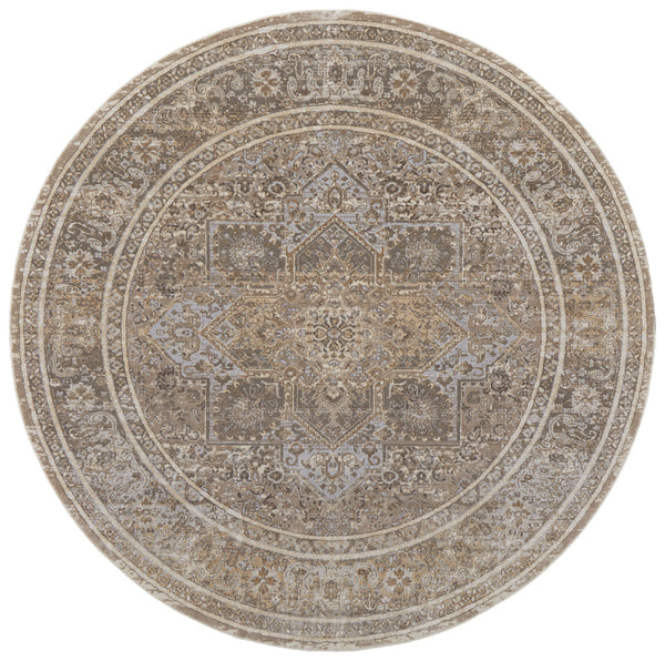 Homeroots 8' Brown And Ivory Round Medallion Power Loom Distressed Area Rug Tan,Brown,Ivory Viscose,Polyester 513142