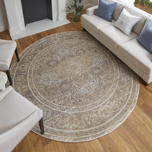 Homeroots 8' Brown And Ivory Round Medallion Power Loom Distressed Area Rug Tan,Brown,Ivory Viscose,Polyester 513142