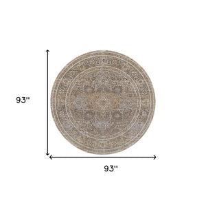 Homeroots 8' Brown And Ivory Round Medallion Power Loom Distressed Area Rug Tan,Brown,Ivory Viscose,Polyester 513142