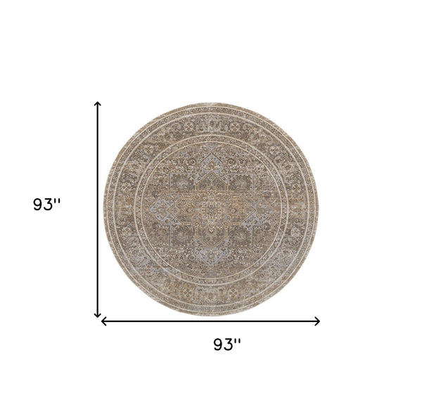 Homeroots 8' Brown And Ivory Round Medallion Power Loom Distressed Area Rug Tan,Brown,Ivory Viscose,Polyester 513142
