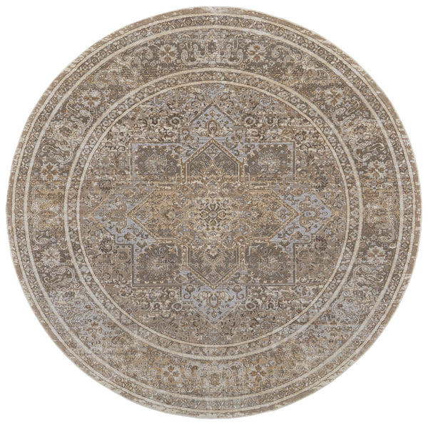 Homeroots 8' Brown And Ivory Round Medallion Power Loom Distressed Area Rug Tan,Brown,Ivory Viscose,Polyester 513142