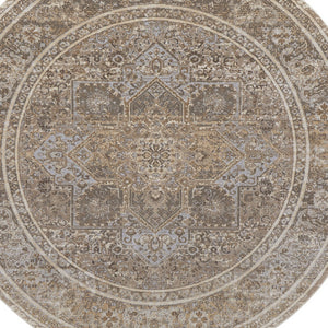 Homeroots 8' Brown And Ivory Round Medallion Power Loom Distressed Area Rug Tan,Brown,Ivory Viscose,Polyester 513142